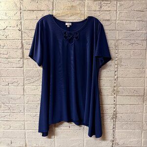 Avenue Blue Lace-Up Neck Short Sleeve Top | Size 22/24
